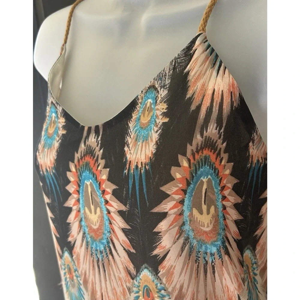 Dry Lake Naomi Long Dress Size Small Peacock Feather Print Maxi Resortwear Brown
